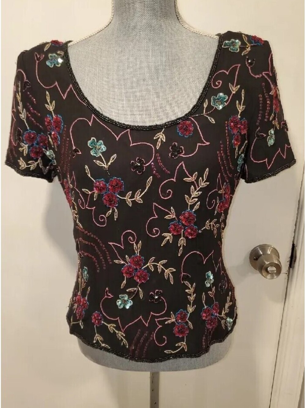 Adrianna Papell Boutique Evening Large Black Sequin Beaded Silk Top Vintage